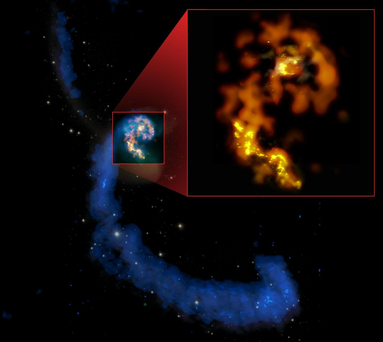 Multiwavelength composite of interacting galaxies NGC 4038/4039, the Antennae, showing their namesake tidal tails in radio (blues), past and recent starbirths in optical (whites and pinks), and a selection of current star-forming regions in mm/submm (orange and yellows). Inset: ALMA’s first mm/submm test views, in Bands 3 (orange), 6 (amber), & 7 (yellow), showing detail surpassing all other views in these wavelengths. Credit:  (NRAO/AUI/NSF); ALMA (ESO/NAOJ/NRAO); HST (NASA, ESA, and B. Whitmore (STScI)); J. Hibbard, (NRAO/AUI/NSF); NOAO/AURA/NSF.