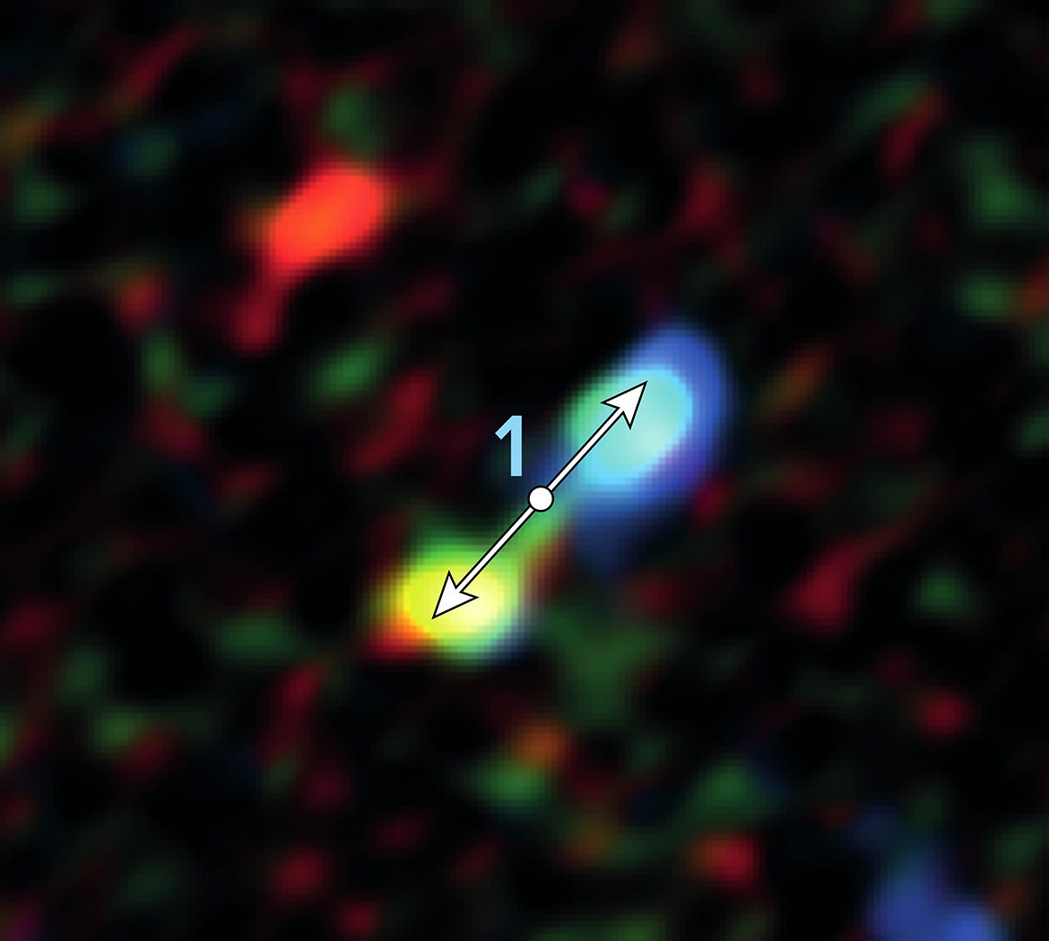 Doble lóbulo producido por los chorros de una estrella en formación cerca del centro galáctico. ALMA descubrió 11 indicios de formación estelar sorprendentemente cerca del agujero negro supermasivo que habita el centro de nuestra galaxia. Créditos: ALMA (ESO/NAOJ/NRAO), Yusef-Zadeh et al.; B. Saxton (NRAO/AUI/NSF)