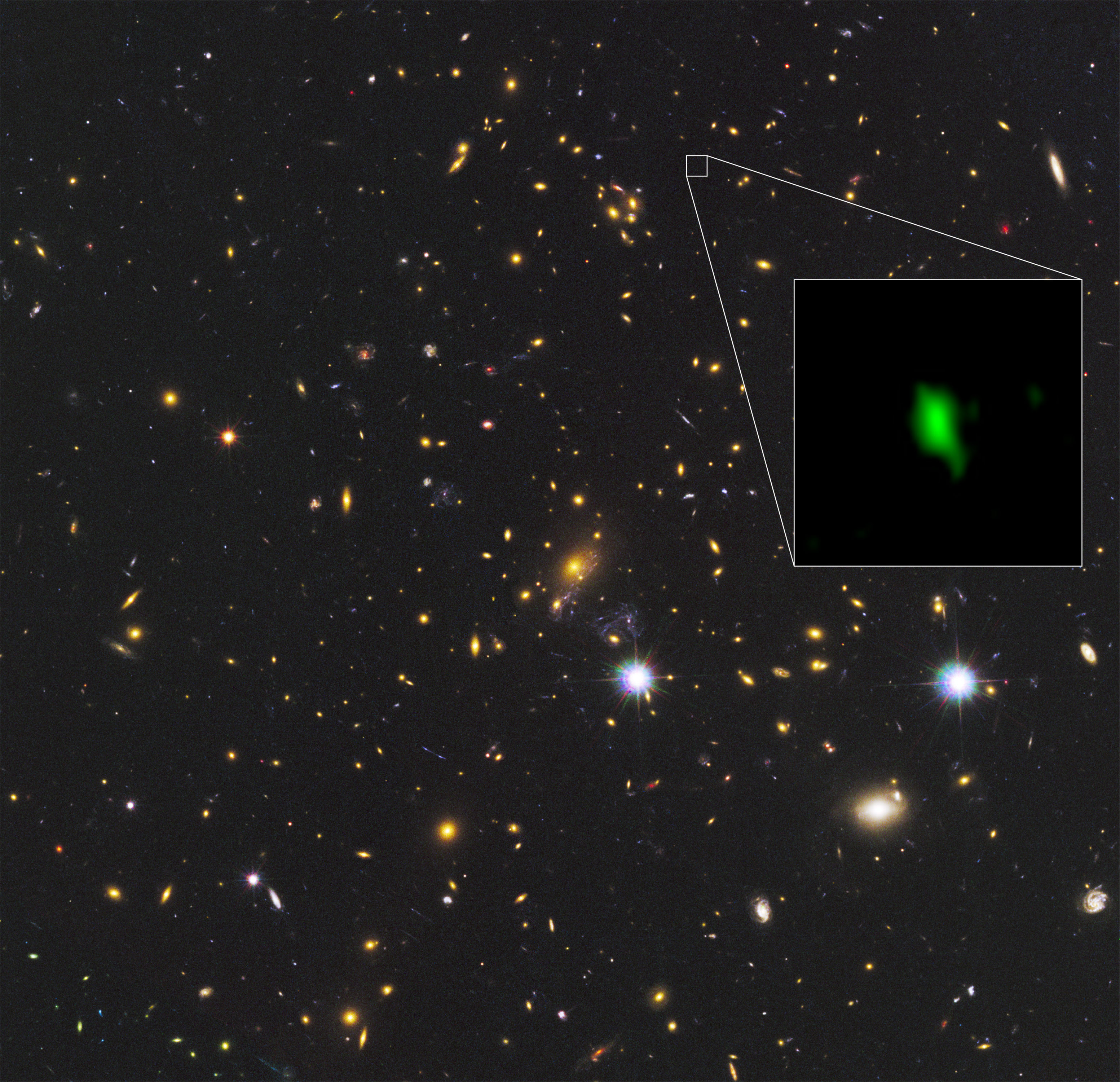 En esta imagen se aprecia el cúmulo de galaxias MACS J1149.5+2223 observado por el telescopio espacial Hubble de la NASA/ESA, y el recuadro muestra la galaxia MACS1149-JD1, observada por ALMA, a 13.280 millones de años luz de distancia. La distribución del oxígeno detectada por ALMA se muestra en verde. Créditos: ALMA (ESO/NAOJ/NRAO), telescopio espacial Hubble de la NASA/ESA, W. Zheng (JHU), M. Postman (STScI), CLASH Team, Hashimoto et al.