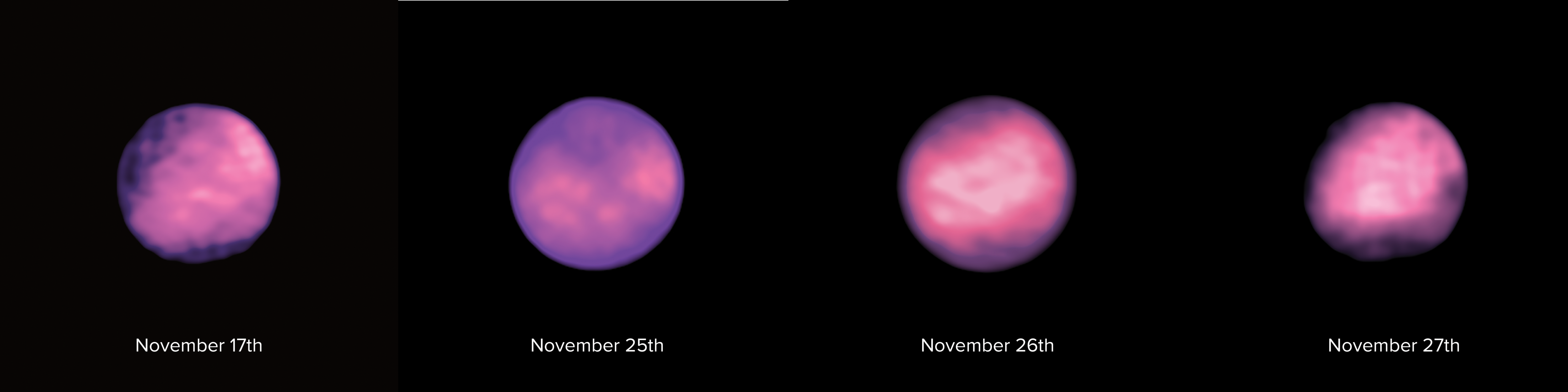 Series of 4 images of the surface of Europa taken with ALMA, enabling astronomers to create the first global thermal map of Jupiter’s icy moon. Credit: ALMA (ESO/NAOJ/NRAO), S. Trumbo et al.