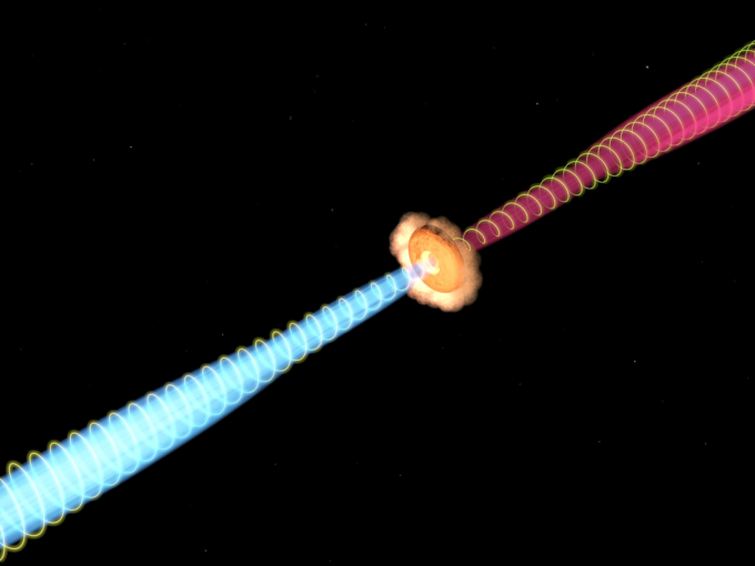 Figure 3: Artist’s conception of the helical magnetic field in the jet coming from the accretion disk. Credit: Yin-Chih Tsai