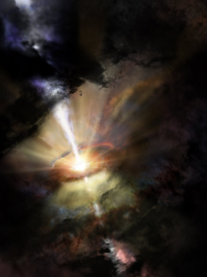 Interpretación artística de Abell 2597 mostrando el agujero negro supermasivo central expeliendo gas molecular frío, como generador de una fuente intergaláctica gigante. Credit: NRAO/AUI/NSF; D. Berry
