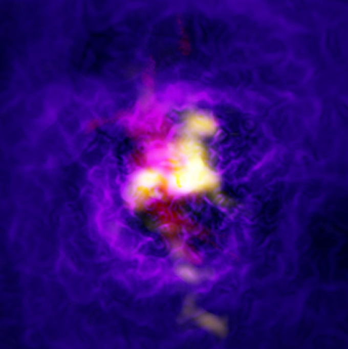 Imagen compuesta de Abell 2597 mostrando la 'fuente' de gas cósmico impulsada por el agujero negro supermasivo en la galaxia central. En amarillo los datos de ALMA del gas frío. En rojo los datos del Very Large Telescope (VLA) que muestra el hidrógeno caliente en la misma región. En púrpura se aprecia el gas ionizado caliente detectado por el observatorio de rayos-x Chandra. Credit: ALMA (ESO/NAOJ/NRAO), Tremblay et al.; NRAO/AUI/NSF, B. Saxton; NASA/Chandra; ESO/VLT