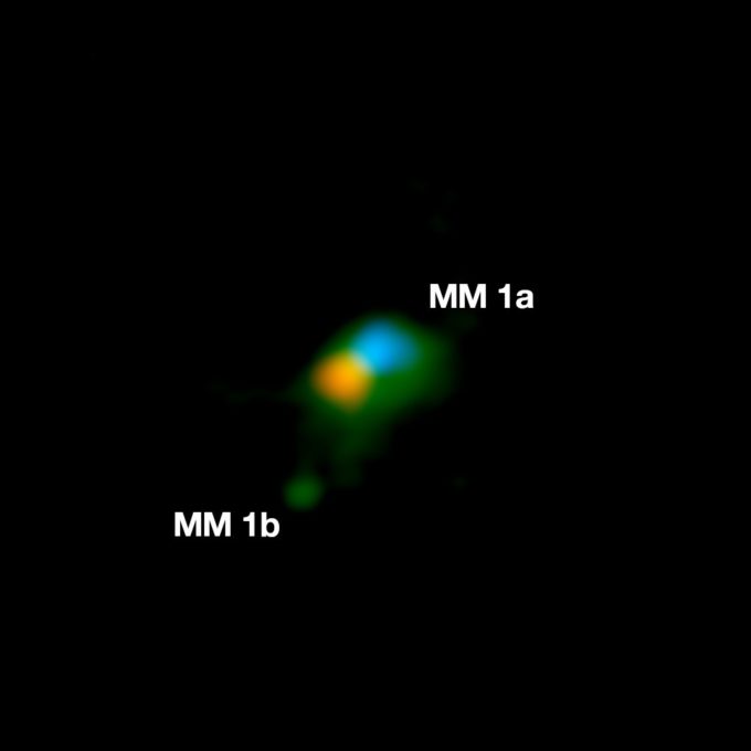 Observación de la emisión de polvo (verde) y del gas caliente que gira en el disco alrededor de MM 1a (en rojo se ve el gas que se aleja y en azul, el gas que se acerca). MM 1b se ve abajo a la izquierda. Créditos: ALMA (ESO/NAOJ/NRAO); J. D. Ilee / Universidad de Leeds.