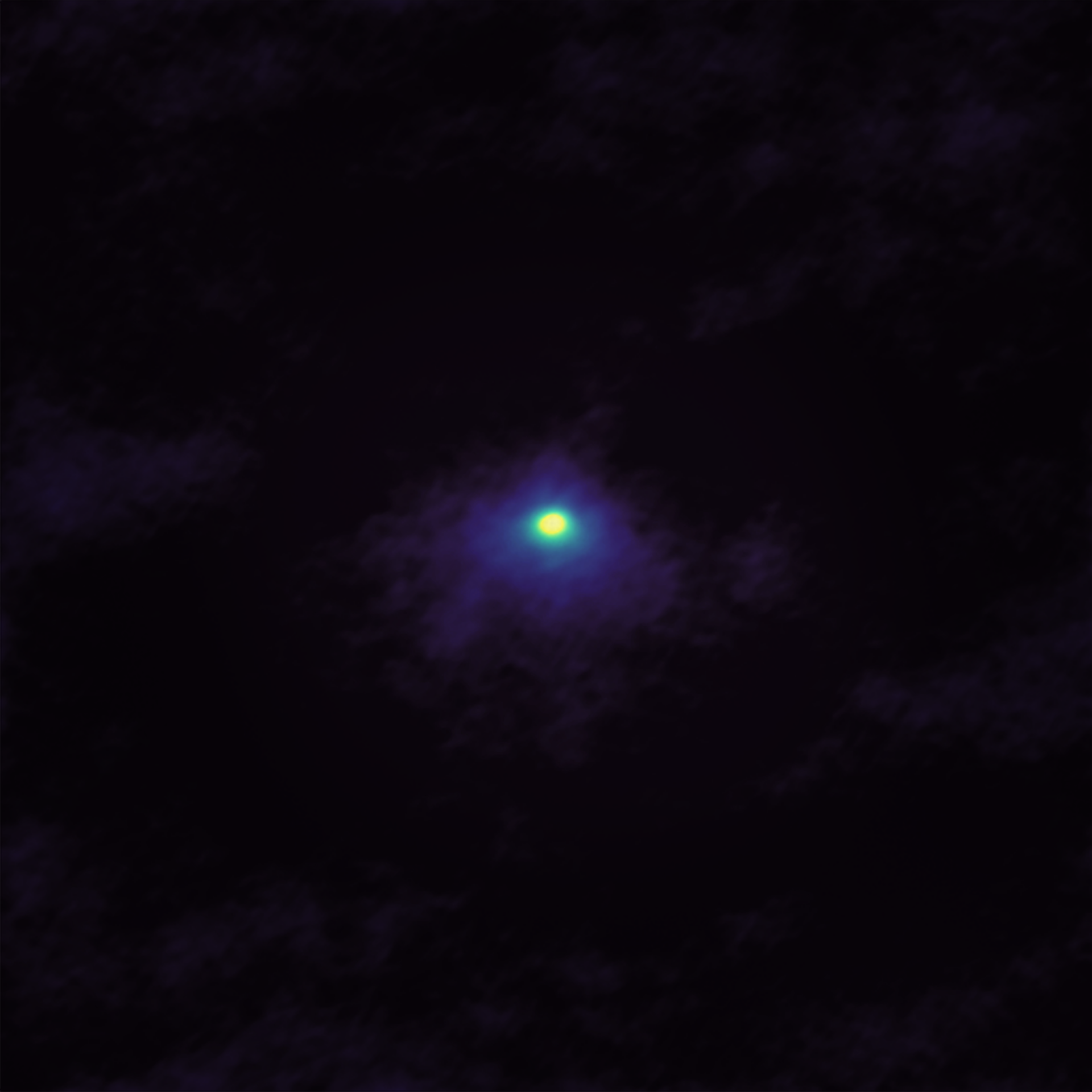 Imagen de ALMA del cometa 46P / Wirtanen tomada el 2 de diciembre cuando el cometa se acercaba a la Tierra. La imagen de ALMA muestra la concentración y distribución de las moléculas de cianuro de hidrógeno (HCN) cerca del centro del coma del cometa. Crédito: ALMA (ESO / NAOJ / NRAO); M. Cordiner, NASA / CUA