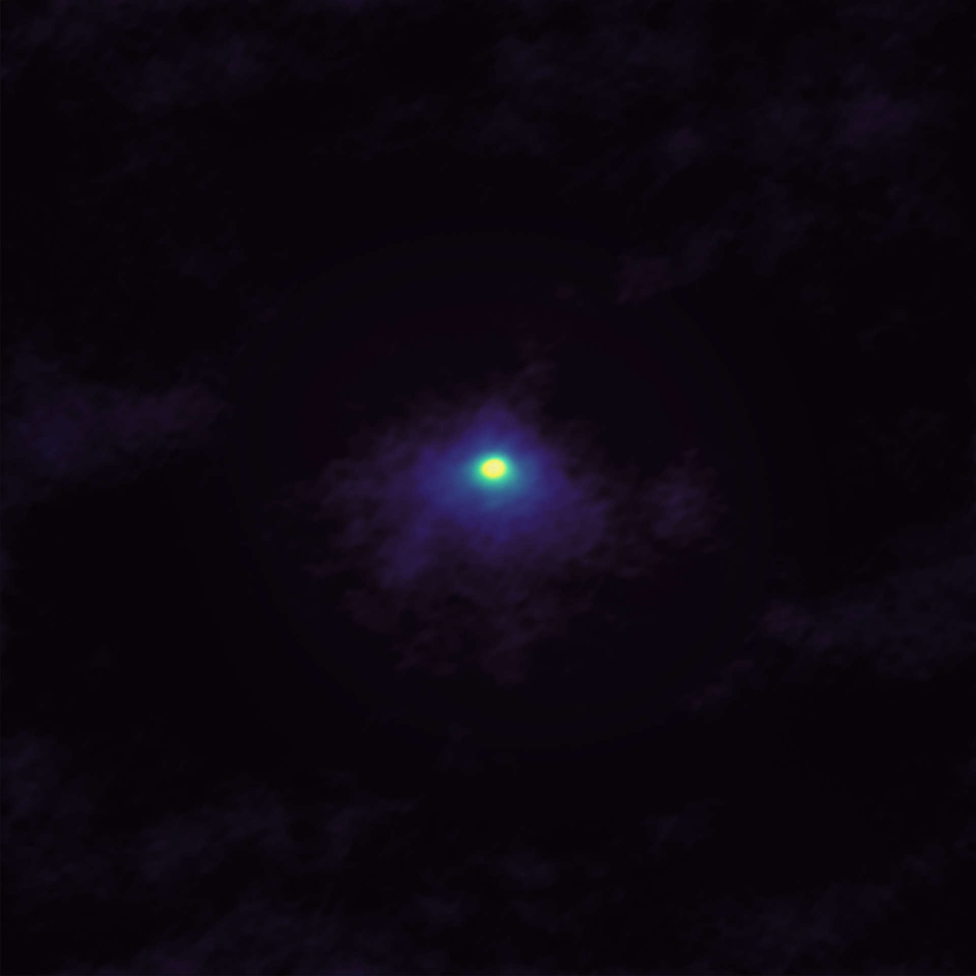 ALMA image of comet 46P/Wirtanen taken on December 2 as the comet approached Earth. The ALMA image shows the concentration and distribution of hydrogen cyanide (HCN) molecules near the center of the comet's coma. Credit: ALMA (ESO/NAOJ/NRAO); M. Cordiner, NASA/CUA