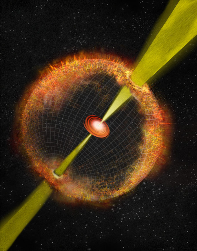 Interpretación artística de una explosión cósmica con un "motor central", como la sugerida para AT2018cow. El agujero negro en el centro está propulsando el material que forma un disco de rotación rápida que irradia cantidades prolíficas de energía y propulsa chorros de material súper rápidos desde sus polos. Los jets se encuentran con el material que rodea a la explosión. Crédito: Bill Saxton, NRAO/AUI/NSF