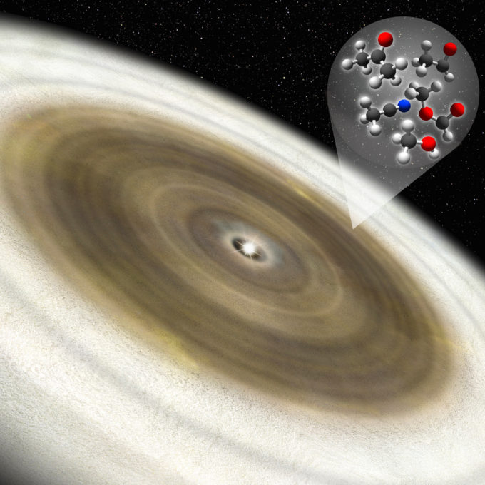 Interpretación artística del disco protoplanetario que circunda la joven estrella V883 Ori. La parte más alejada del disco es fría y contiene partículas de polvo cubiertas de hielo. ALMA detectó varias moléculas orgánicas complejas alrededor de la línea de nieve del disco. Créditos: Observatorio Astronómico Nacional de Japón.
