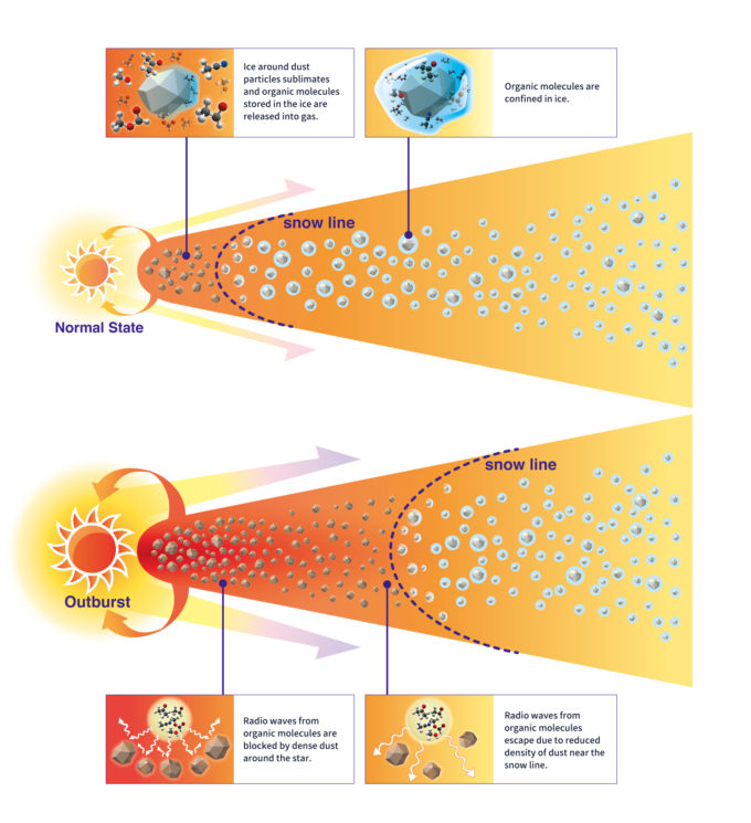 Schematic illustration of the composition of protoplanetary disks in normal state and outburst phase. V883 Ori is experiencing an FU Orionis outburst and the increase in disk temperature pushes the snow line outward, causing various molecules contained in ice to be released into gas. Credit: National Astronomical Observatory of Japan.