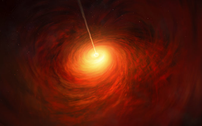Esta representación artística muestra el agujero negro en el corazón de la enorme galaxia elíptica Messier 87 (M87). Este agujero negro fue elegido como el objeto de observaciones para cambiar paradigmas por parte del Event Horizon Telescope. Se muestra el material sobrecalentado que rodea el agujero negro, al igual que el chorro relativista lanzado por el agujero negro de M87. Crédito: ESO / M. Kornmesser