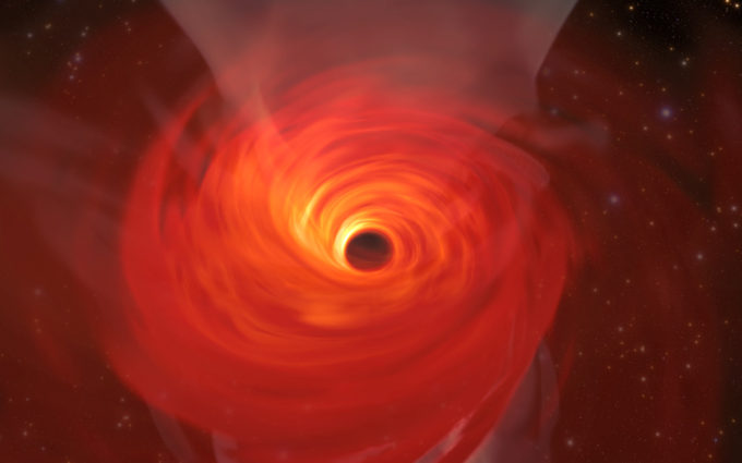 Anticipándose a la primera imagen de un agujero negro, Jordy Davelaar y sus colegas construyeron una simulación de realidad virtual de uno de estos fascinantes objetos astrofísicos. Su simulación muestra un agujero negro rodeado de materia luminoso. Esta materia desaparece en el agujero negro de forma similar a un vórtice, y las condiciones extremas hacen que se convierta en un plasma brillante. Crédito: Jordy Davelaar et al./ Universidad Radboud / BlackHoleCam