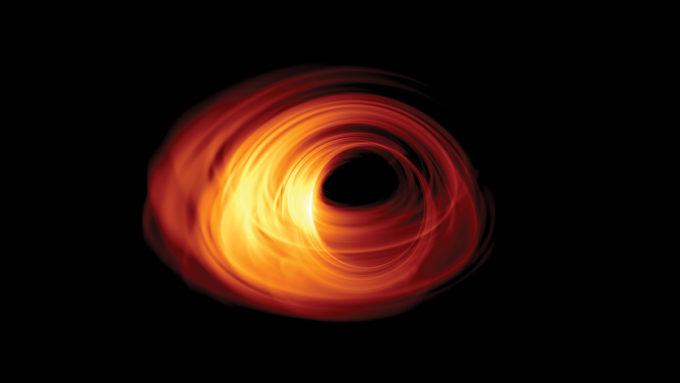 Simulated image of an accreting black hole. The event horizon is in the middle of the image, and the shadow can be seen with a rotating accretion disk surrounding it. Credit: Bronzwaer/Davelaar/Moscibrodzka/Falcke/Radboud University