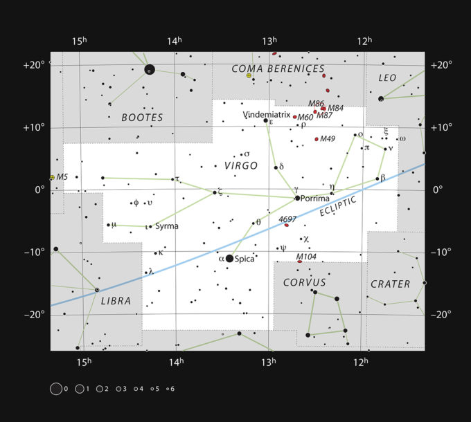 Esta gráfica muestra la posición de la galaxia gigante Messier 87 en la constelación de Virgo (La Virgen). El mapa muestra la mayoría de las estrellas visibles a simple vista en buenas condiciones. Crédito: ESO, IAU y Sky & Telescope