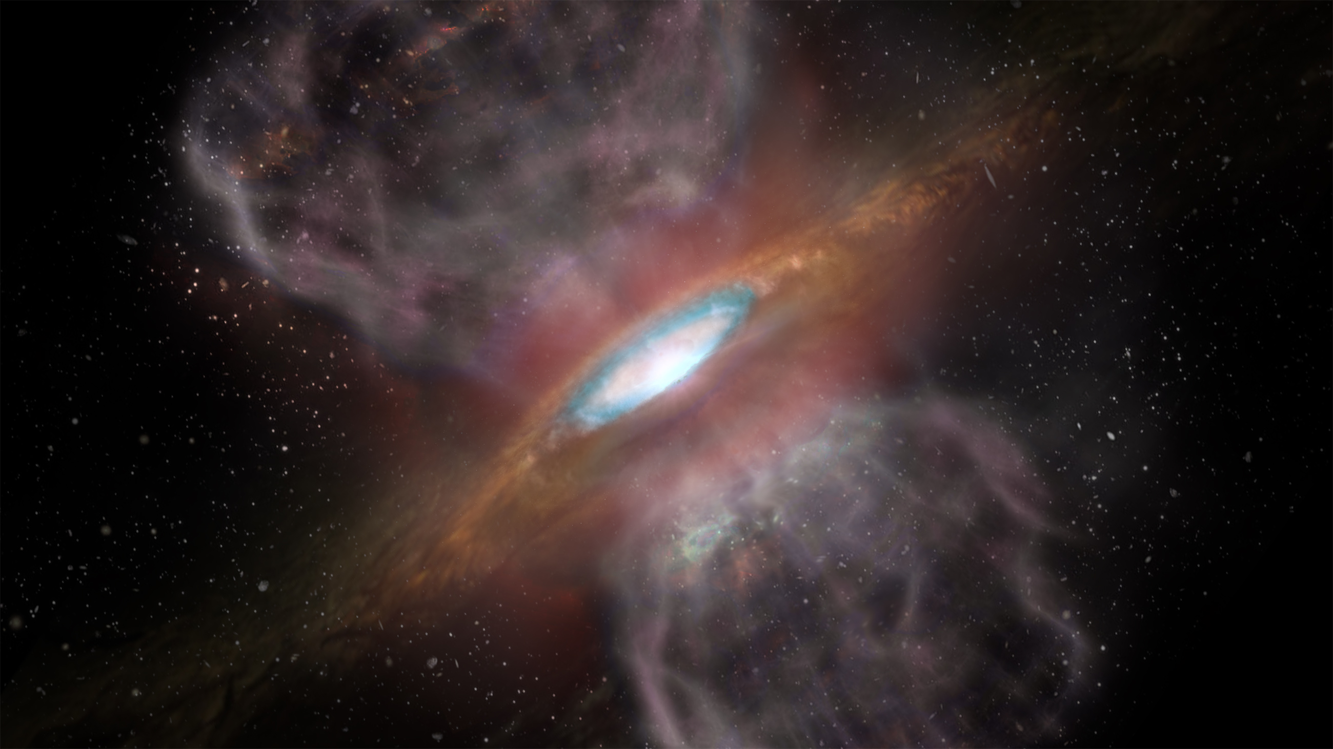 Representación artística de Orion Source I, una joven estrella masiva situada a unos 1.500 años luz de distancia. Las nuevas observaciones de ALMA detectaron un anillo de sal alrededor de la estrella compuesto de cloruro de sodio, es decir, sal de mesa. Es la primera vez que se detectan sales de cualquier tipo relacionadas con una joven estrella. La zona azul (a cerca de 1/3 del radio desde el centro del disco) es la zona donde ALMA detectó el “brillo” de las sales en longitudes de onda milimétricas. Créditos: NRAO/AUI/NSF, S. Dagnello