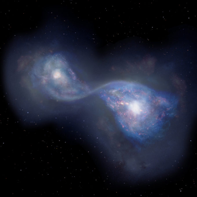 Artist’s impression of the merging galaxies B14-65666 located 13 billion light-years away. Credit: NAOJ.
