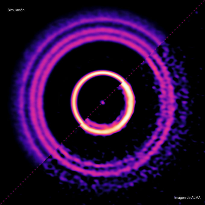 Comparación entre la imagen de ALMA y la simulación teórica del disco protoplanetario de HD169142. Simulación de un planeta con una masa equivalente a diez veces la masa de la Tierra esculpiendo las zonas externas de un disco protoplanetario. Los finos anillos están compuestos de partículas de polvo atrapadas en estructuras concéntricas por ondas de presión excitadas durante la interacción entre el planeta y el disco. Crédito: N. Lira - ALMA (ESO/NAOJ/NRAO); S. Pérez - USACH/UChile.