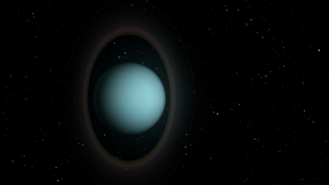 Interprestación artística de Urano y sus oscuros anillos. Envés de observar la luz de Sol reflejada en los anillos, astrónomos obtuvieron una imagen en onda milimétricas e infrarrojas de la emisión propia de las frías partículas que los componen. Crédito: NRAO/AUI/NSF; S. Dagnello.