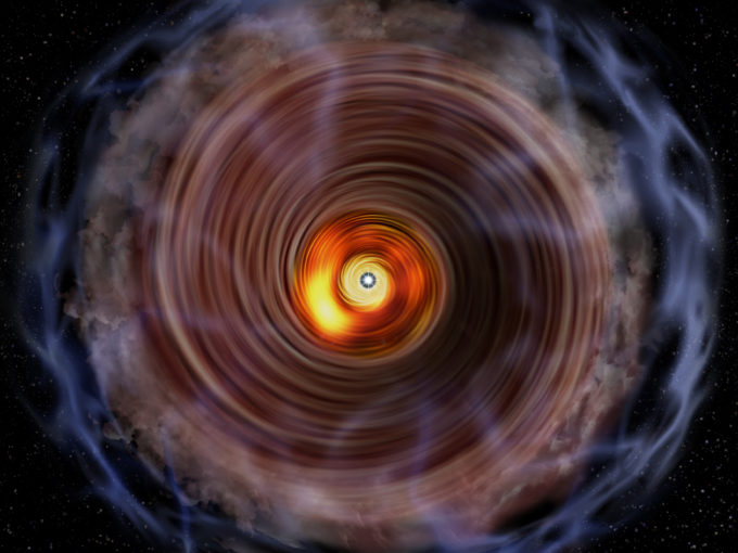 Representación artística del disco de gas y de la bolsa de gas que rodea la protoestrella masiva G353.273+0.641. Créditos: NAOJ
