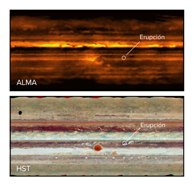 Proyección plana de Júpiter en ondas de radio tomadas con ALMA (arriba) y en visible con el telescopio espacial Hubble (abajo). En ambas imágenes de puede apreciar la erupción en el cinturón sur-ecuatorial. Crédito: ALMA (ESO/NAOJ/NRAO), I. de Pater et al.; NRAO/AUI NSF, S. Dagnello; NASA/Hubble