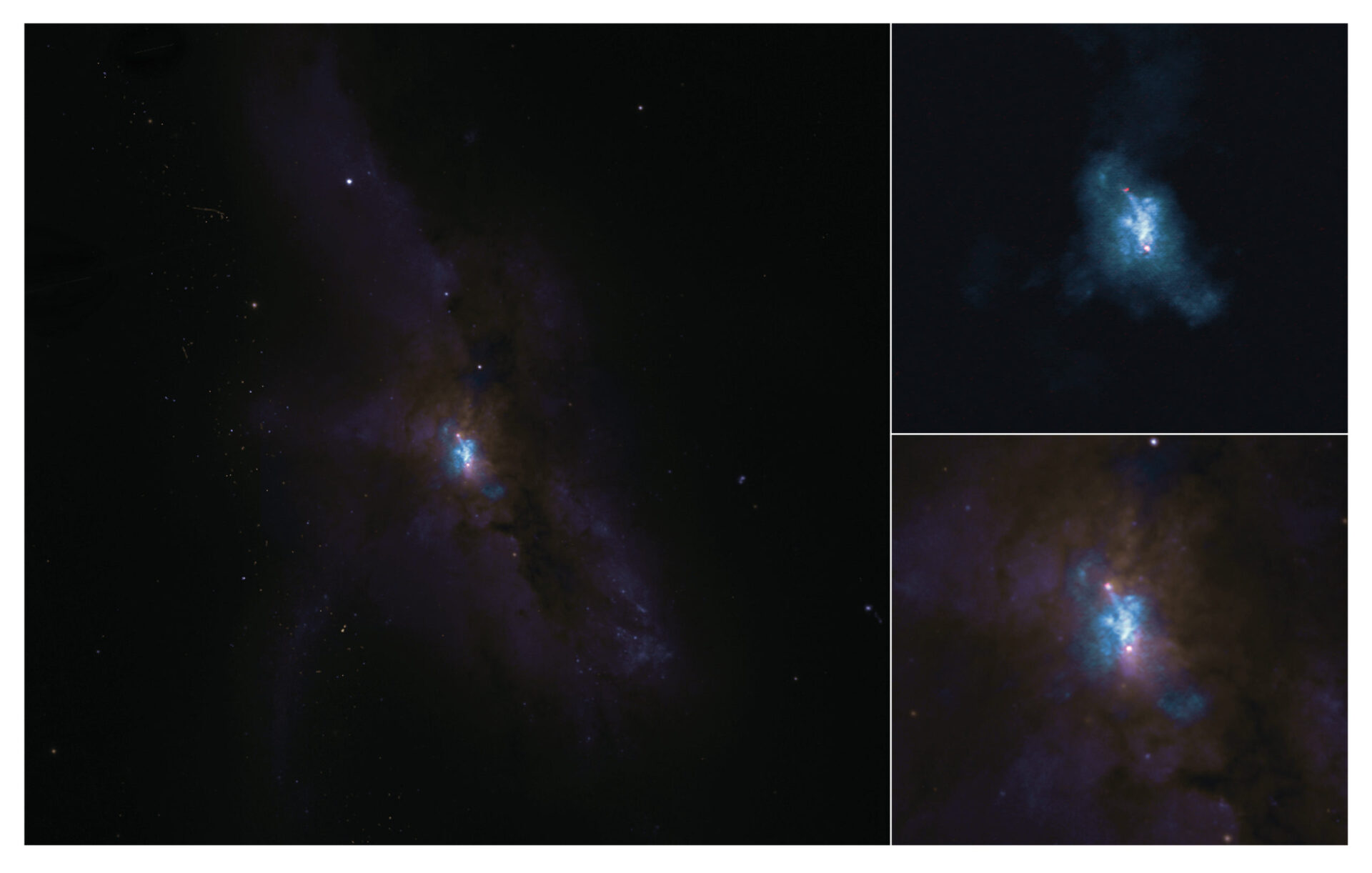 NGC 6240 as seen with ALMA (top) and the Hubble Space Telescope (bottom). In the ALMA image, the molecular gas is blue and the black holes are the red dots. The ALMA image provides the sharpest view of the molecular gas around the black holes in this merging galaxy. Credit: ALMA (ESO/NAOJ/NRAO), E. Treister; NRAO/AUI/NSF, S. Dagnello; NASA/ESA Hubble