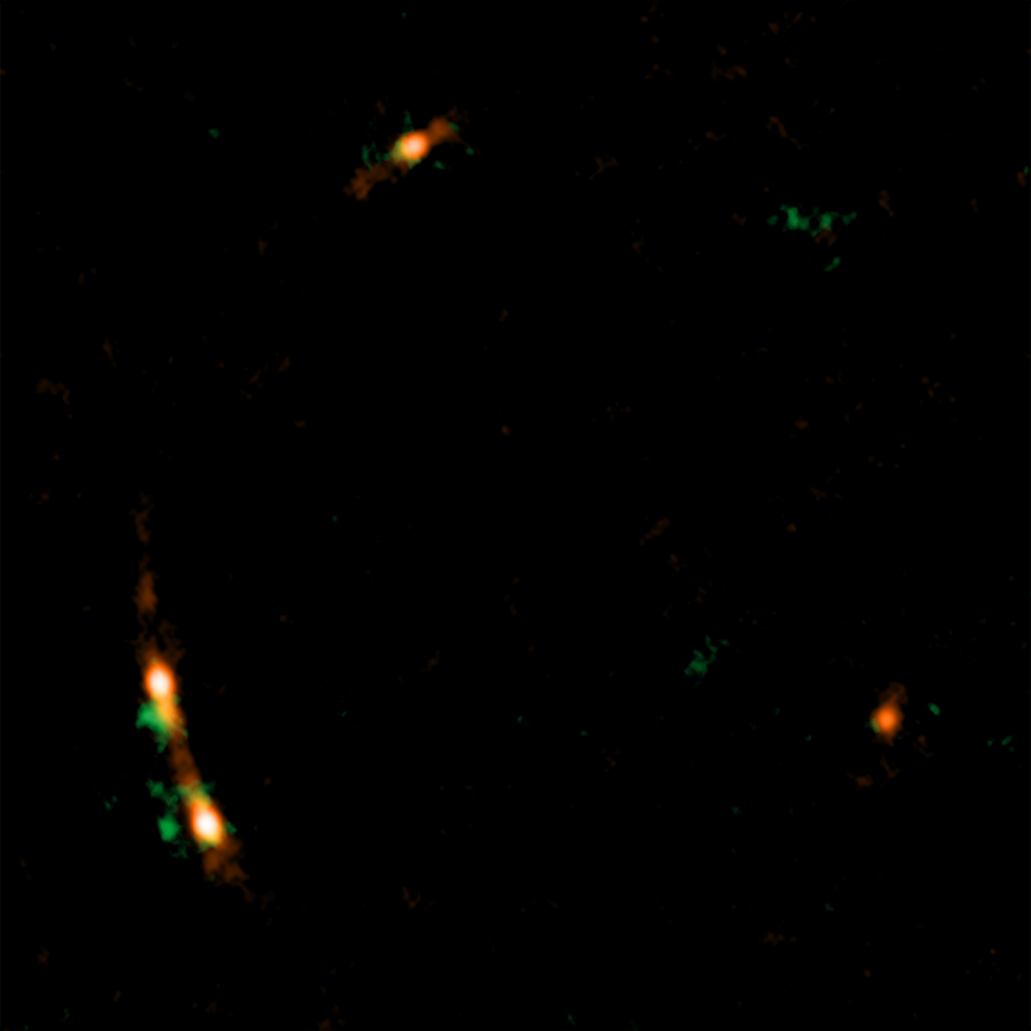 Imagen de MG J0414+0534 obtenida con ALMA (las emisiones de polvo y gas ionizado se muestran en rojo y las emisiones de monóxido de carbono se muestran en verde). Créditos: ALMA (ESO/NAOJ/NRAO), K. T. Inoue et al.