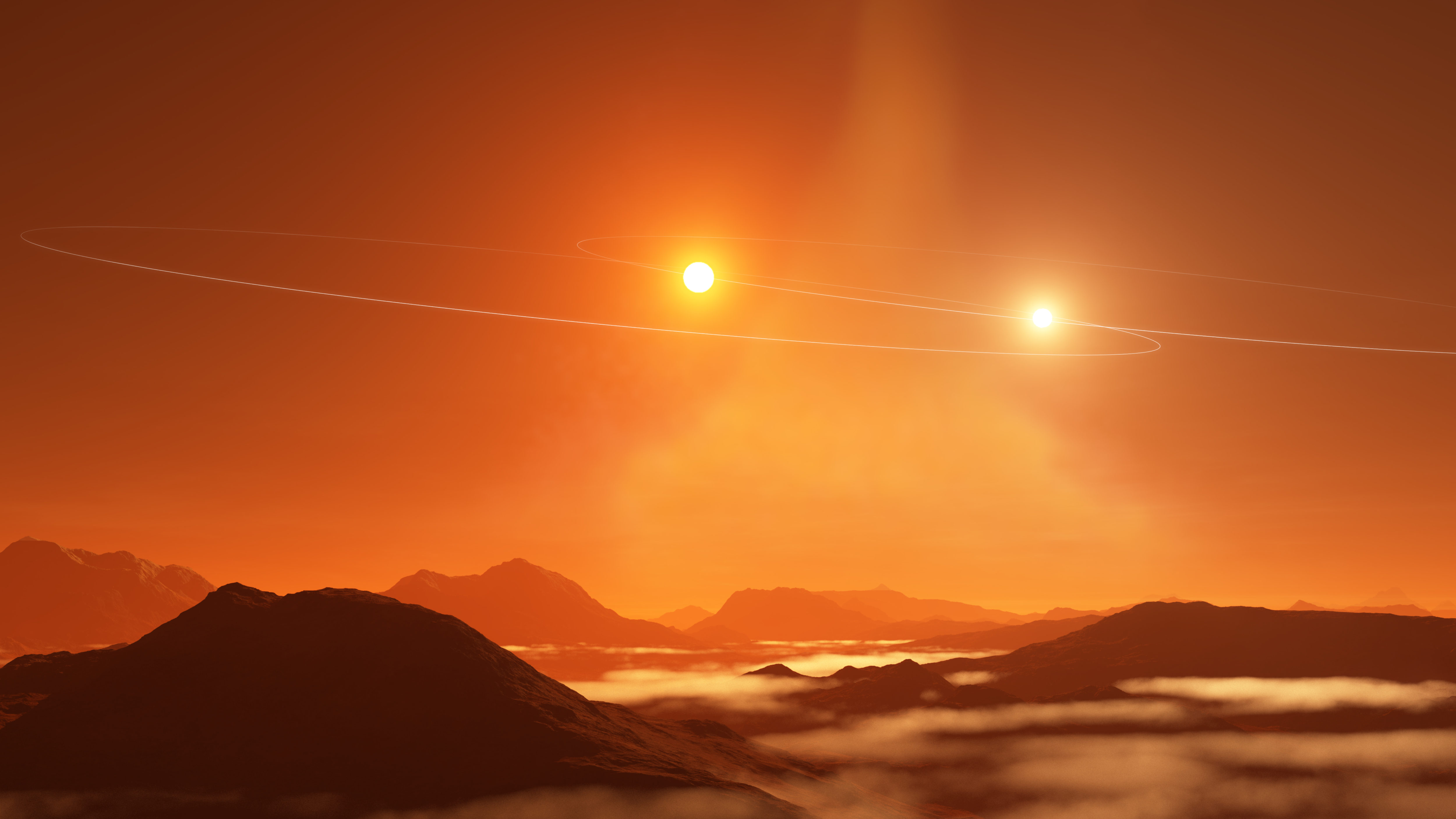 Representación artística de una doble puesta de sol en un exoplaneta de tipo Tatooine en proceso de formación en un disco circumbinario que se encuentra desalineado con las órbitas de sus estrellas binarias. Créditos: NRAO/AUI/NSF, S. Dagnello.