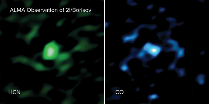 ALMA observó gas de ácido cianhídrico (HCN, a la izquierda) y de monóxido de carbono (CO, a la derecha) saliendo del cometa interestelar 2l/Borisov. Las imágenes de ALMA muestran que el cometa contiene una cantidad inusualmente elevada de gas de CO. ALMA es el primer telescopio en medir las concentraciones de gases emanados directamente del núcleo de un objeto proveniente de otro sistema planetario. Créditos: ALMA (ESO/NAOJ/NRAO), M. Cordiner & S. Milam; NRAO/AUI/NSF, S. Dagnello