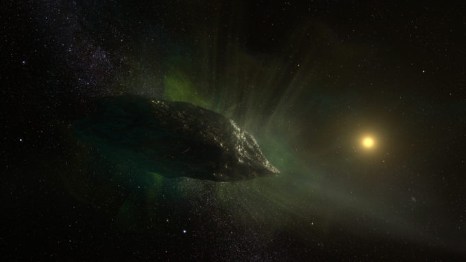 Artist impression of the interstellar comet 2I/Borisov as it travels through our solar system. This mysterious visitor from the depths of space is the first conclusively identified comet from another star. The comet consists of a loose agglomeration of ices and dust particles, and is likely no more than 3,200 feet across, about the length of nine football fields. Gas is ejected out of the comet as it approaches the Sun and is heated up. Credit: NRAO/AUI/NSF, S. Dagnello