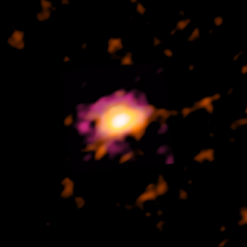 ALMA radio image of the Wolfe Disk, seen when the universe was only ten percent of its current age. Credit: ALMA (ESO/NAOJ/NRAO), M. Neeleman; NRAO/AUI/NSF, S. Dagnello