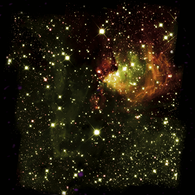 This animated gif shows the structure and motions (speed in direction towards the Sun) of gas in the forming cluster, as seen with ALMA (purple) on top of the infrared Hubble image. The color-scales from pink-purple to blue-purple represent the gas moving at different velocities, from 15km/s to 24 km/s. These motions are controlled by gravity, turbulence and wind and radiation pressure “feedback” from the new-born stars. Credit: ALMA (ESO/NAOJ/NRAO), Y. Cheng et al.; NRAO/AUI/NSF, S. Dagnello; NASA/ESA Hubble.