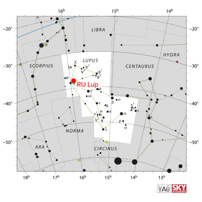 RU Lup is a young, variable star. It is located in Lupus (wolf), a constellation in the Southern Sky. The star is not visible with the naked eye. Credit: IAU; Sky & Telescope magazine; NRAO/AUI/NSF, S. Dagnello
