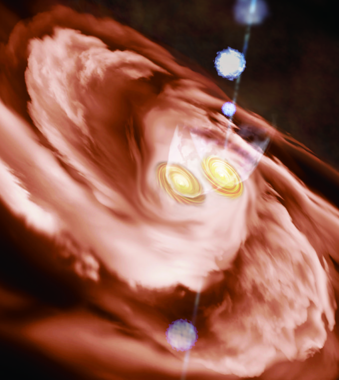 Representación artística de la protobinaria masiva IRAS 16547-4247. Un pequeño disco de gas rodea cada protoestrella dentro de un disco más grande. Ambas protoestrellas expiden chorros de gas molecular, y una tiene un chorro colimado que colisiona con el gas circundante y genera puntos brillantes a lo largo del flujo. Créditos: ALMA (ESO/NAOJ/NRAO)