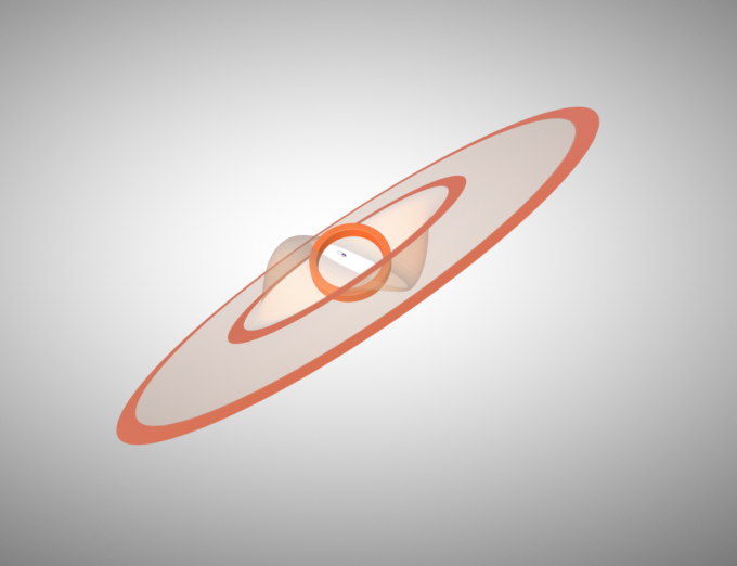 Representación de la estructura del disco y la órbita estelar del sistema triple GW Orionis basada en las observaciones realizadas por Kraus et al. con ALMA y el VLT. Los anillos desalineados observados por ALMA están representados en naranja. Las superficies translúcidas representan los filamentos de polvo de menor densidad que conectan los anillos y dominan las emisiones en luz dispersa. Créditos: Kraus et al., 2020; NRAO/AUI/NSF