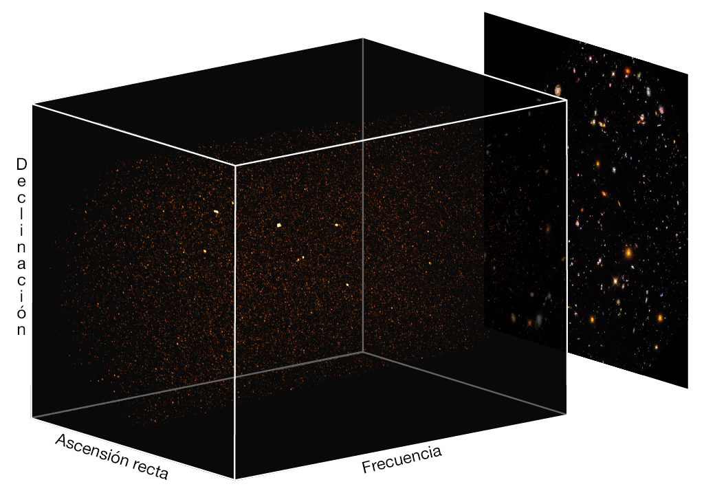 Render en 3D del cubo de datos de ASPECS en Banda 3 sobre fondo de Hubble UDF. Aparecen fuertes emisores de gas molecular frío como puntos brillantes en los cubos. Las características lineales corresponden a fuentes continuas de polvo brillante. Crédito: Decarli et al