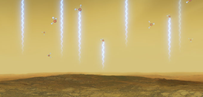 This artistic illustration depicts the Venusian surface and atmosphere, as well as phosphine molecules. These molecules float in the windblown clouds of Venus at altitudes of 55 to 80km, absorbing some of the millimetre waves that are produced at lower altitudes. They were detected in Venus’s high clouds in data from the James Clerk Maxwell Telescope and the Atacama Large Millimeter/submillimeter Array (ALMA). Credit: ESO/M. Kornmesser/L. Calçada