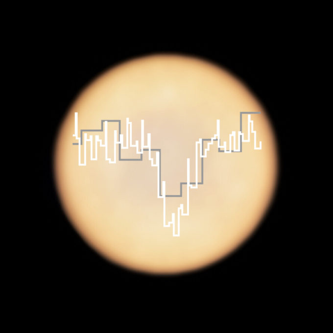 This artistic representation shows a real image of Venus, taken with ALMA, in which ESO is a partner, with two superimposed spectra taken with ALMA (in white) and the James Clerk Maxwell Telescope (JCMT; in grey).  The dip in Venus’s JCMT spectrum provided the first hint of the presence of phosphine on the planet, while the more detailed spectrum from ALMA confirmed that this possible marker of life really is present in the Venusian atmosphere. As molecules of phosphine float in the high clouds of Venus, they absorb some of the millimetre waves that are produced at lower altitudes. When observing the planet in the millimetre wavelength range, astronomers can pick up this phosphine absorption signature in their data, as a dip in the light from the planet. Credit: ALMA (ESO/NAOJ/NRAO), Greaves et al. & JCMT (East Asian Observatory)