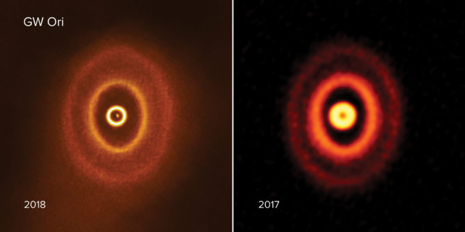 Imágenes generadas por ALMA del disco protoplanetario con anillos desalineados alrededor del sistema estelar triple GW Orionis. La imagen a la derecha se generó a partir de datos obtenidos con ALMA por Jiaqing Bi y su equipo en 2017. La imagen a la izquierda se generó a partir de datos obtenidos con ALMA por Stefan Kraus y su equipo en 2018. Créditos: ALMA (ESO/NAOJ/NRAO), S. Kraus & J. Bi; NRAO/AUI/NSF, S. Dagnello
