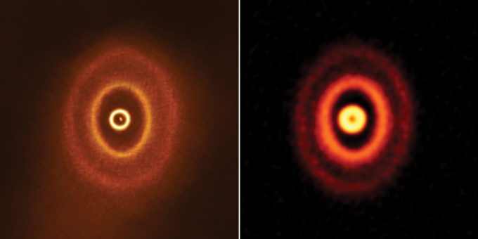 Imágenes generadas por ALMA del disco protoplanetario con anillos desalineados alrededor del sistema estelar triple GW Orionis. La imagen a la derecha se generó a partir de datos obtenidos con ALMA por Jiaqing Bi y su equipo en 2017. La imagen a la izquierda se generó a partir de datos obtenidos con ALMA por Stefan Kraus y su equipo en 2018. Créditos: ALMA (ESO/NAOJ/NRAO), S. Kraus & J. Bi; NRAO/AUI/NSF, S. Dagnello