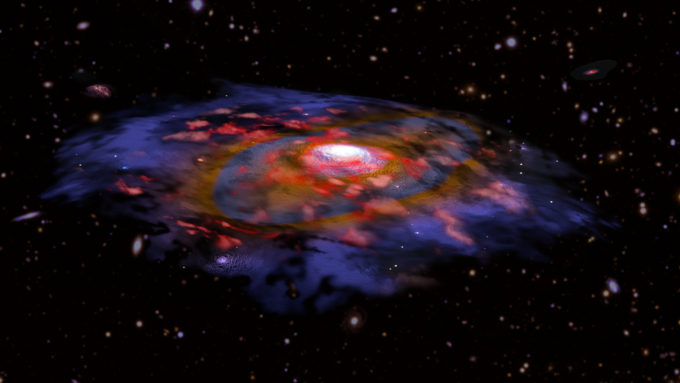 Representación artística de una galaxia giratoria distante con mucho polvo - Representación artística de una galaxia del Universo primitivo que contiene una gran cantidad de polvo y muestra las primeras señales de un disco giratorio. El rojo representa el gas, y el azul y el café representan el polvo observado en ondas de radio por ALMA. En el fondo se ven muchas otras galaxias basadas en datos ópticos de los telescopios VLT y Subaru. Créditos: B. Saxton NRAO/AUI/NSF, ESO, NASA/STScI; NAOJ/Subaru