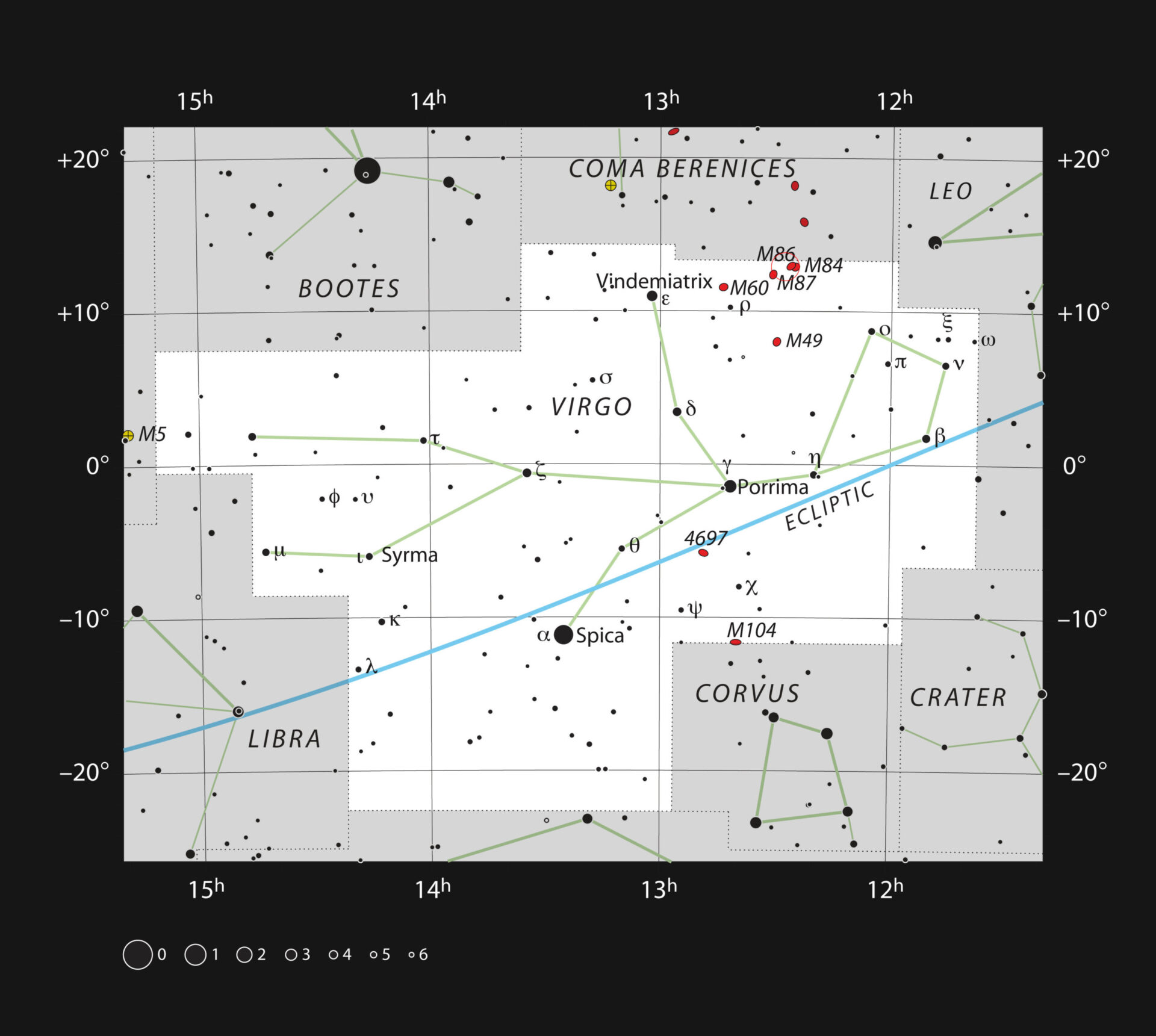 Este gráfico muestra la posición de la galaxia gigante Messier 87 en la constelación de Virgo (La Virgen). El mapa muestra la mayoría de las estrellas visibles a simple vista bajo buenas condiciones de observación. Crédito: ESO, IAU and Sky & Telescope