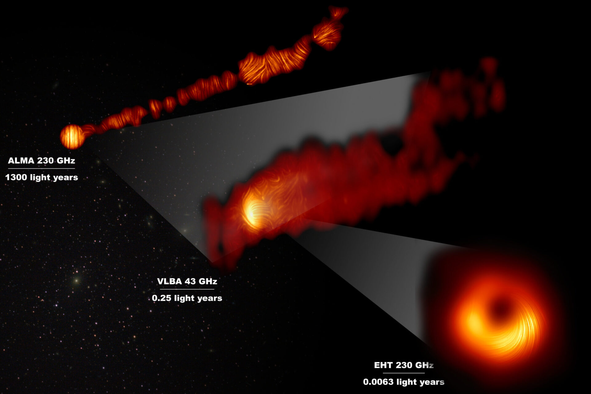 This composite image shows three views of the central region of the Messier 87 (M87) galaxy in polarised light. The galaxy has a supermassive black hole at its centre and is famous for its jets, that extend far beyond the galaxy. One of the polarised-light images, obtained with the Chile-based Atacama Large Millimeter/submillimeter Array (ALMA), in which ESO is a partner, shows part of the jet in polarised light. This image captures the part of the jet, with a size of 6000 light years, closer to the centre of the galaxy. The other polarised light images zoom in closer to the supermassive black hole: the middle view covers a region about one light year in size and was obtained with the National Radio Astronomy Observatory’s Very Long Baseline Array (VLBA) in the US. The most zoomed-in view was obtained by linking eight telescopes around the world to create a virtual Earth-sized telescope, the Event Horizon Telescope or EHT. This allows astronomers to see very close to the supermassive black hole, into the region where the jets are launched. The lines mark the orientation of polarisation, which is related to the magnetic field in the regions imaged.The ALMA data provides a description of the magnetic field structure along the jet. Therefore the combined information from the EHT and ALMA allows astronomers to investigate the role of magnetic fields from the vicinity of the event horizon (as probed with the EHT on light-day scales) to far beyond the M87 galaxy along its powerful jets (as probed with ALMA on scales of thousand of light-years). The values in GHz refer to the frequencies of light at which the different observations were made. The horizontal lines show the scale (in light years) of each of the individual images. Credit: EHT Collaboration; ALMA (ESO/NAOJ/NRAO), Goddi et al.; VLBA (NRAO), Kravchenko et al.; J. C. Algaba, I. Martí-Vidal
