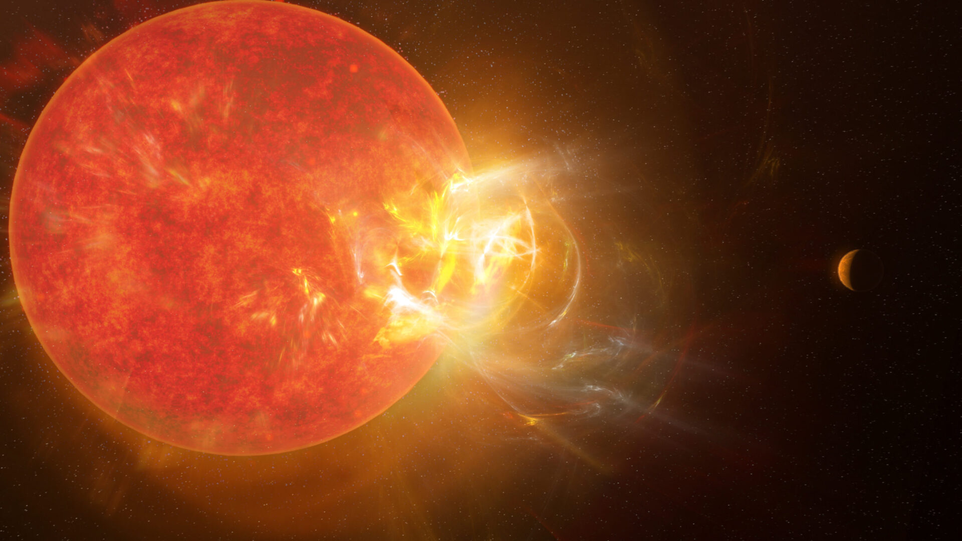 Artist's conception of the violent stellar flare from Proxima Centauri discovered by scientists in 2019 using nine telescopes across the electromagnetic spectrum, including the Atacama Large Millimeter/submillimeter Array (ALMA). Powerful flares eject from Proxima Centauri with regularity, impacting the star's planets almost daily. Credit: NRAO/S. Dagnello