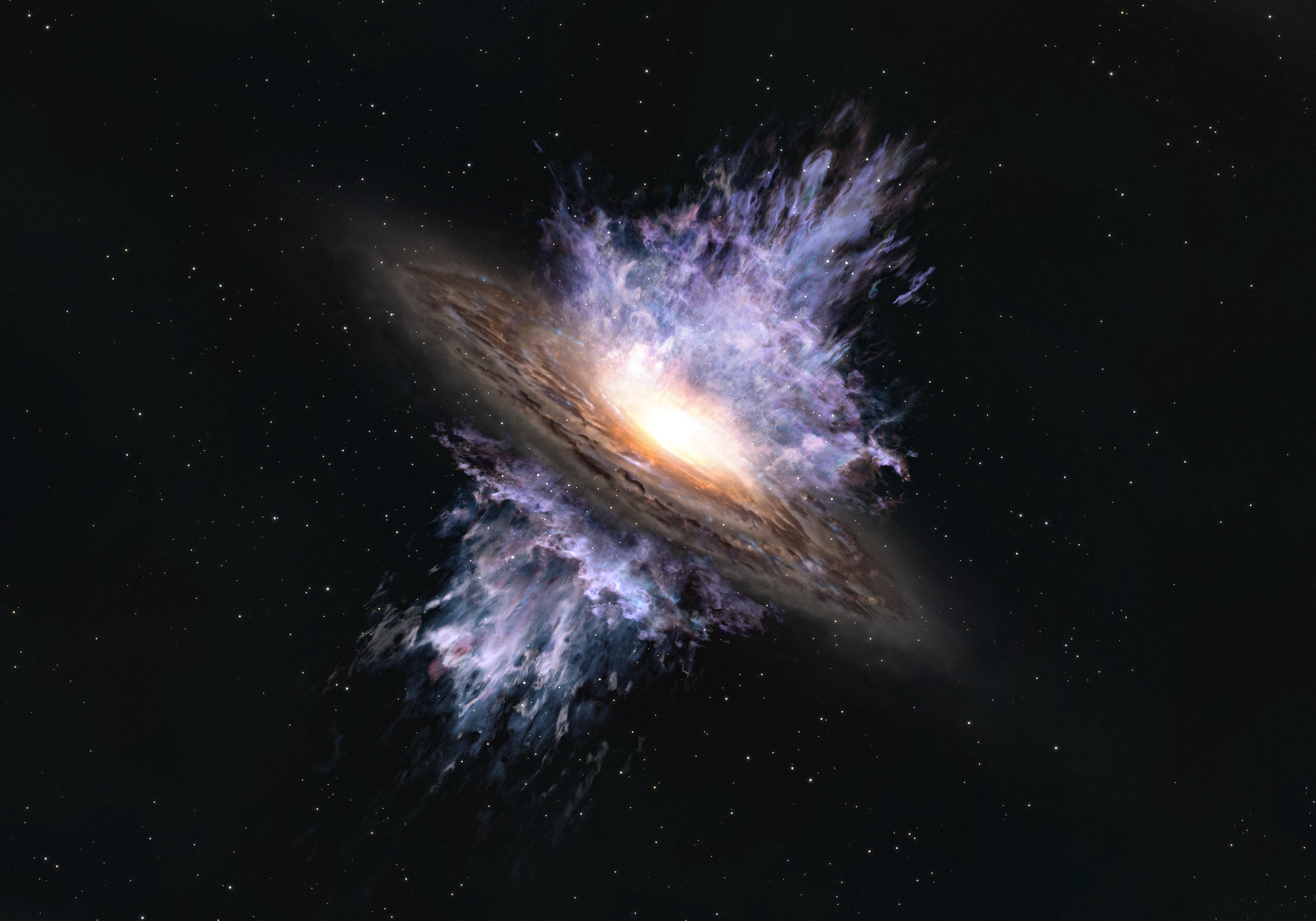Artist's impression of a galactic wind driven by a supermassive black hole located in the center of a galaxy. The intense energy emanating from the black hole creates a galaxy-scale flow of gas that blows away the interstellar matter that is the material for forming stars. Credit: ALMA (ESO/NAOJ/NRAO)