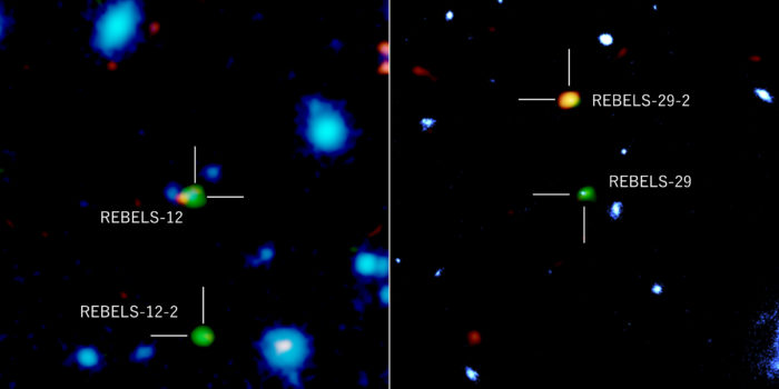 Galaxias distantes fotografiadas con ALMA, el telescopio espacial Hubble y el telescopio VISTA del Observatorio Europeo Austral. Los colores verde y naranja representan las radiaciones de átomos de carbono ionizados y partículas de polvo, respectivamente, observadas con ALMA, y el azul representa la radiación del infrarrojo cercano observada con los telescopios espaciales VISTA y Hubble. REBELS-12 y REBELS-29 detectaron tanto la radiación del infrarrojo cercano como la radiación de átomos de carbono ionizados y polvo. Por otro lado, REBELS-12-2 y REBELS-29-2 no se han detectado en el infrarrojo cercano, lo que sugiere que estas galaxias están profundamente enterradas en polvo. Crédito: ALMA (ESO / NAOJ / NRAO), NASA / ESA Hubble Space Telescope, ESO, Fudamoto et al.