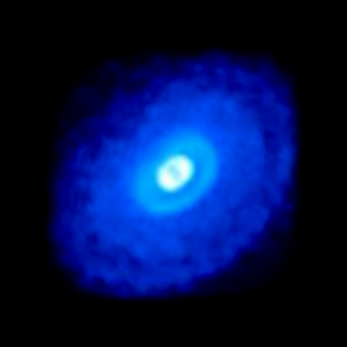 ALMA data from the young star HD 163296 shows hydrogen cyanide emission in bright blue. The MAPS project zoomed in on hydrogen cyanide and other organic and inorganic compounds in planet-forming disks to gain a better understanding of the compositions of young planets and how the compositions link to where planets form in a protoplanetary disk. Credit: ALMA (ESO/NAOJ/NRAO)/D. Berry (NRAO), K. Öberg et al (MAPS)