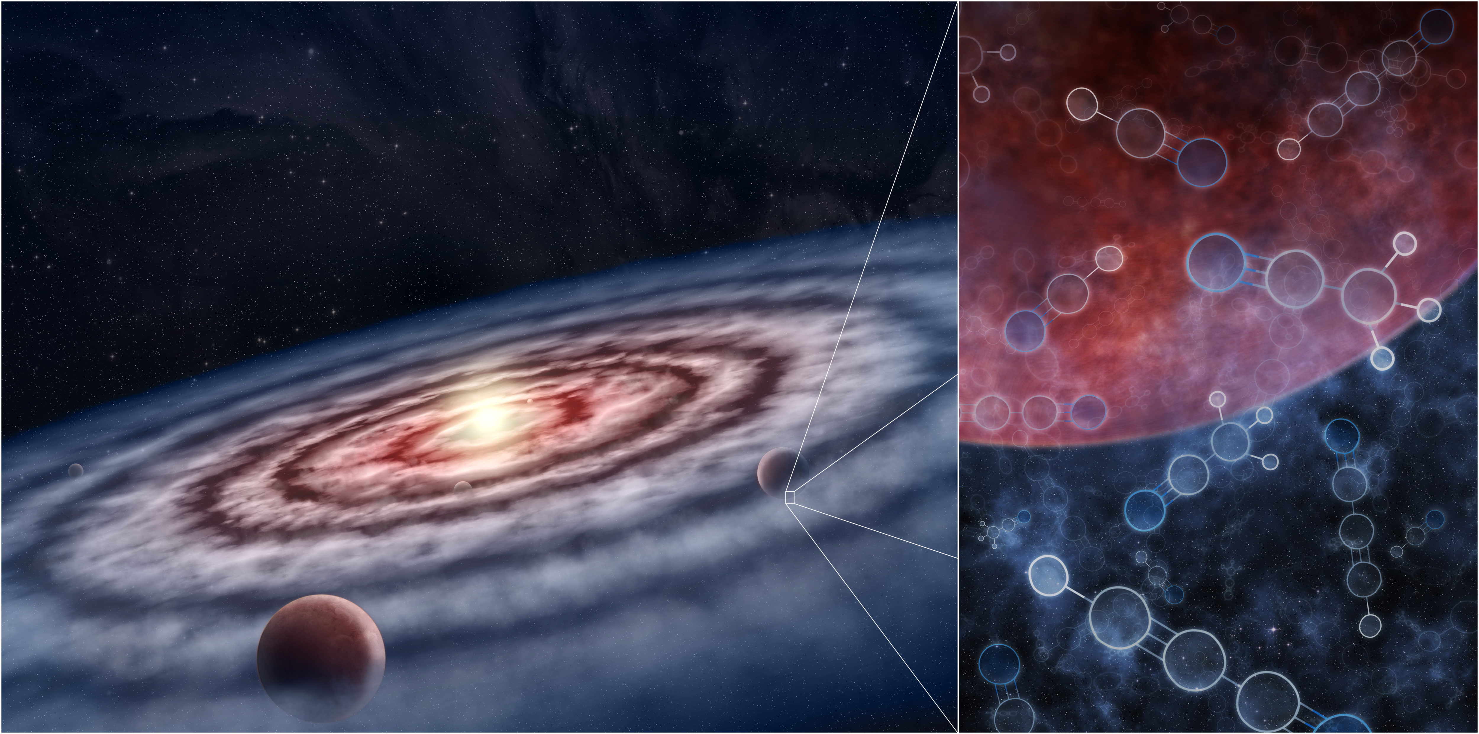 En la concepción de este artista, los planetas se forman a partir del gas y el polvo en el disco protoplanetario que rodea a la joven estrella. El gas está formado por muchas moléculas diferentes, incluido el cianuro de hidrógeno y nitrilos más complejos, vinculados al desarrollo de la vida en la Tierra, y otros compuestos orgánicos e inorgánicos. Desde los compuestos orgánicos simples hasta los más complejos, la sopa de moléculas en una ubicación particular del disco da forma al futuro del planeta que se crea allí y determina si ese planeta podría albergar vida tal como la conocemos. Crédito: M.Weiss/Centro de Astrofísica|Harvard y Smithsonian.