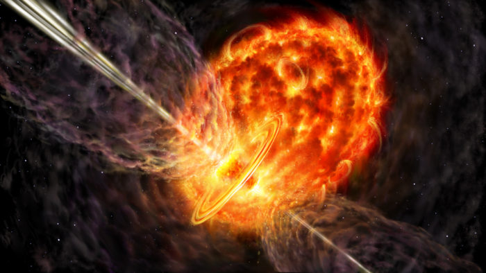 A pair of stars at the start of a common envelope phase. In this artist's impression, we get a view from very close to a binary system in which two stars have just started to share the same atmosphere. The bigger star, a red giant star, has provided a huge, cool atmosphere that only just holds together. The smaller star orbits ever faster around the stars' center of mass, spinning on its axis and interacting dramatically with its new surroundings. The interaction creates powerful jets that throw out gas from its poles and a slower-moving ring of material at its equator. Credit: Danielle Futselaar, artsource.nl