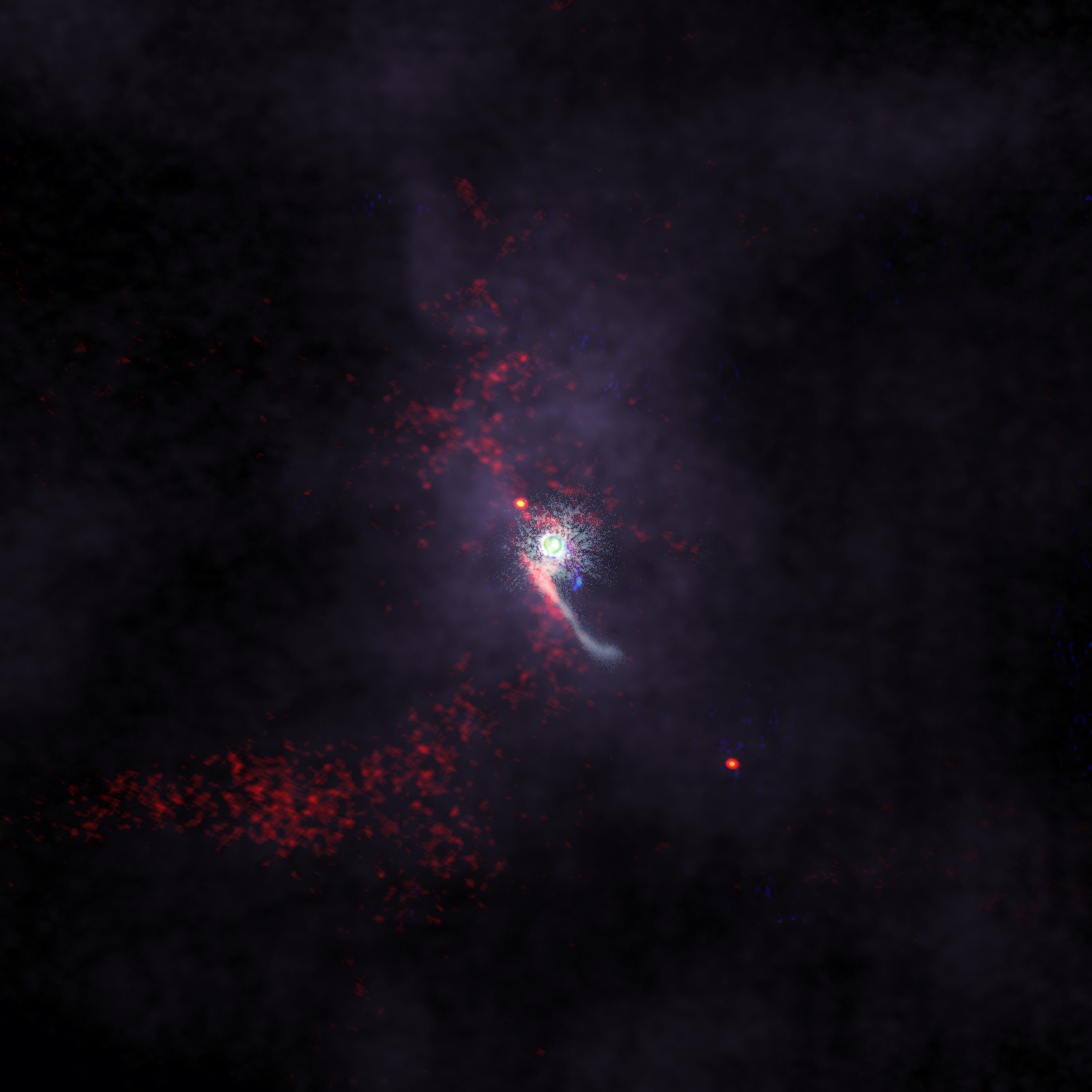 Scientists have made the first comprehensive multi-wavelength observational study of an intruder object disturbing the protoplanetary disk—or birthplace of planets—surrounding the Z Canis Majoris star (Z CMa) in the constellation Canis Major. This composite image includes data from the Subaru Telescope, Jansky Very Large Array, and the Atacama Large Millimeter/submillimeter Array, revealing in detail the perturbations, including long streams of material, made in Z CMa’s protoplanetary disk by the intruding object. Credit: ALMA (ESO/NAOJ/NRAO), S. Dagnello (NRAO/AUI/NSF), NAOJ