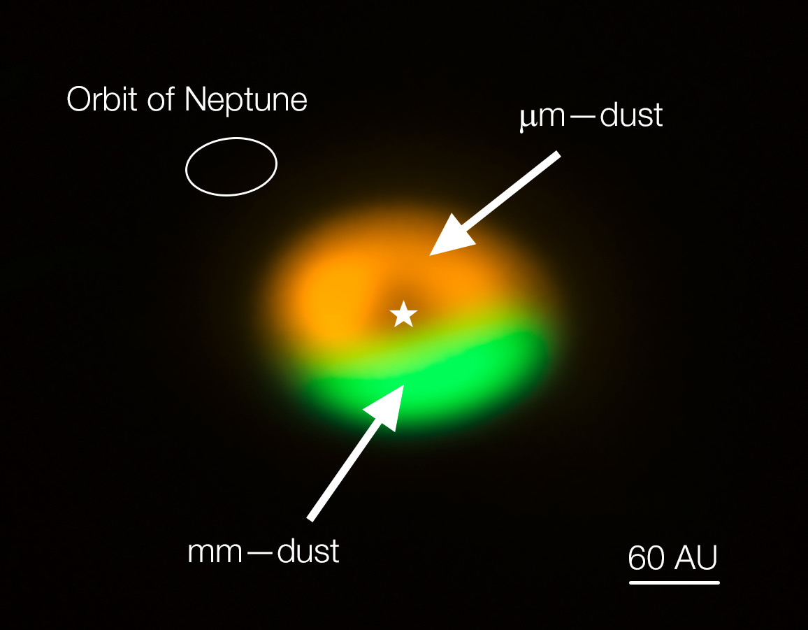 Annotated image from the Atacama Large Millimeter/submillimeter Array (ALMA) showing the dust trap in the disc that surrounds the system Oph-IRS 48. The dust trap provides a safe haven for the tiny dust particles in the disc, allowing them to clump together and grow to sizes that allow them to survive on their own. The green area is the dust trap, where the bigger particles accumulate. The size of the orbit of Neptune is shown in the upper left corner to show the scale. Credit: ALMA (ESO/NAOJ/NRAO)/Nienke van der Marel