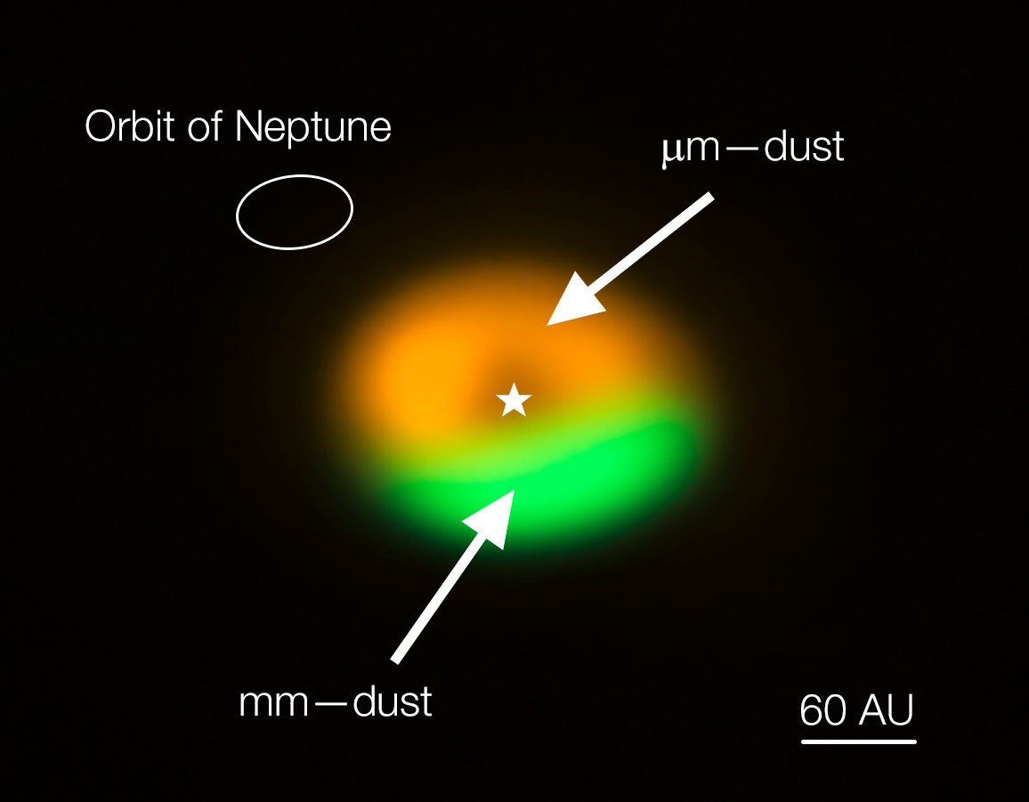 Imagen con anotaciones obtenida por ALMA (Atacama Large Millimeter/submillimeter Array) en la que se muestra la trampa de polvo en el disco que rodea al sistema Oph-IRS 48. La trampa de polvo proporciona un refugio para las pequeñas partículas del disco, permitiendo que se agrupen y crezcan hasta alcanzar tamaños que les permitan sobrevivir por sí solas. La región verde es la trampa de polvo, donde se acumulan las partículas de mayor tamaño. En la esquina superior izquierda se muestra el tamaño de la órbita de Neptuno para estimar la escala. Crédito: ALMA (ESO/NAOJ/NRAO)/Nienke van der Marel